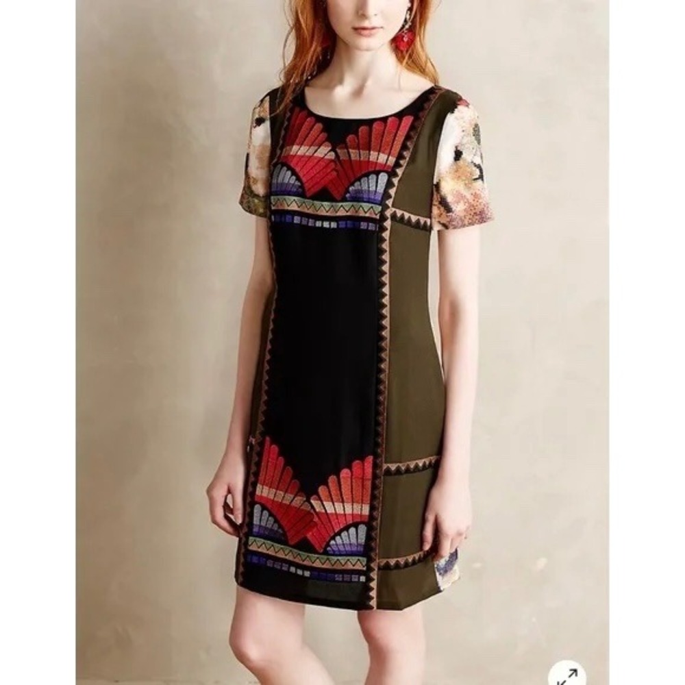 Ranna Gill Anthropologie Embroidered Floral Shift Dress Black Olive Size 2